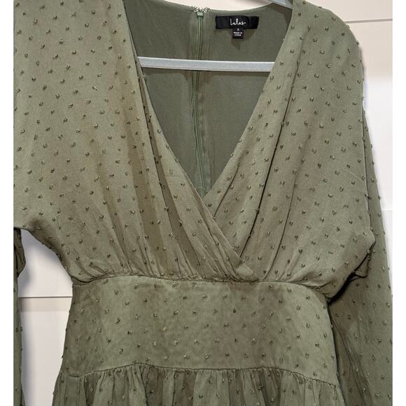 LuLus Boho Rayon Mini Dress Olive Green Dot Women's Size Small - Picture 3 of 15